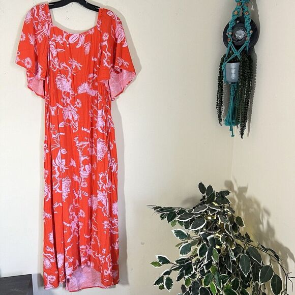 Ava Viv Maxi Long Dress Size 1X Orange Floral Front Slit Peasant Sweetheart Neck - Picture 4 of 6